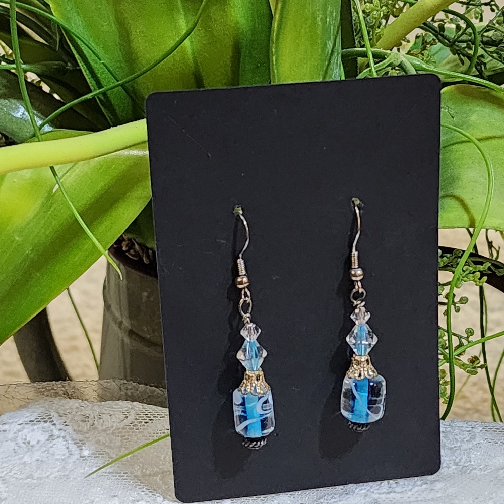 Silver Tone Dangle Earrings with Blue Swirl Glass Beads & Clear Crystals